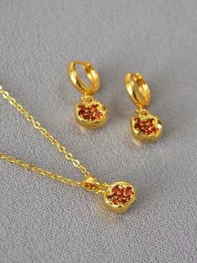 Gold Heart Pendant Necklace and Huggie Earrings Set with Red Crystal Accents